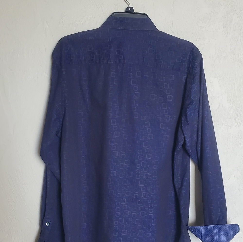 Bugatchi Navy All Over Geometric Pattern Shirt Me… - image 2